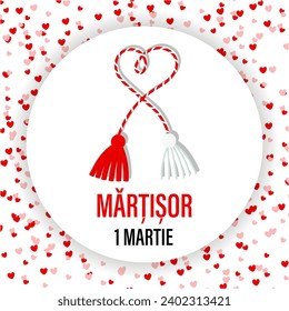 Martisor, red and white symbol of spring. Traditional spring holiday in Romania and Moldova. March 1.Holiday card, banner, vector.