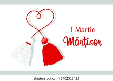 Martisor, red and white symbol of spring. Traditional spring holiday in Romania and Moldova. March 1.Holiday card, banner, vector.