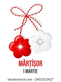 Martisor, red and white symbol of spring. Traditional spring holiday in Romania and Moldova. March 1.Holiday card, banner, vector.