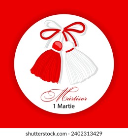 Martisor, red and white symbol of spring. Traditional spring holiday in Romania and Moldova. March 1.Holiday card, banner, vector.