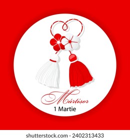 Martisor, red and white symbol of spring. Traditional spring holiday in Romania and Moldova. March 1.Holiday card, banner, vector.