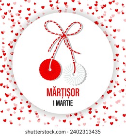 Martisor, red and white symbol of spring. Traditional spring holiday in Romania and Moldova. March 1.Holiday card, banner, vector.