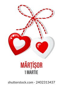 Martisor, red and white symbol of spring. Traditional spring holiday in Romania and Moldova. March 1.Holiday card, banner, vector.