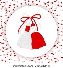 Martisor, red and white symbol of spring. Traditional spring holiday in Romania and Moldova. March 1.Holiday card, banner, vector.