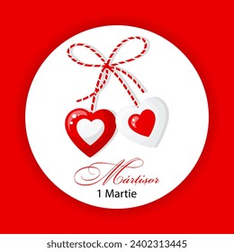 Martisor, red and white symbol of spring. Traditional spring holiday in Romania and Moldova. March 1.Holiday card, banner, vector.