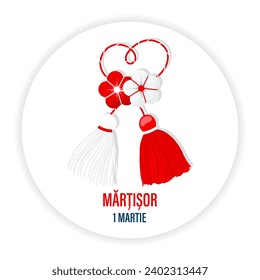 Martisor, red and white symbol of spring. Traditional spring holiday in Romania and Moldova. March 1.Holiday card, banner, vector.