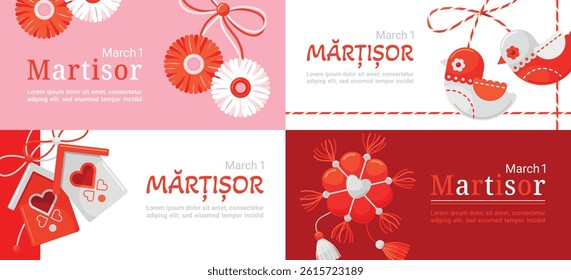 Martisor Romanian spring traditional holiday greeting banner design template set vector flat illustration. Bulgarian national seasonal festive celebration poster with birds flowers house and ribbon