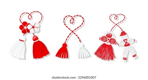 Conjunto martisor, símbolo rojo y blanco de primavera. Fiesta primaveral tradicional en Rumania y Moldavia. Símbolos, talismanes, iconos, vector	
