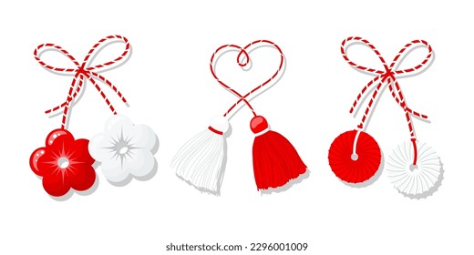 Martisor set, red and white symbol of spring. Traditional spring holiday in Romania and Moldova. Symbols, talismans, icons, vector	
