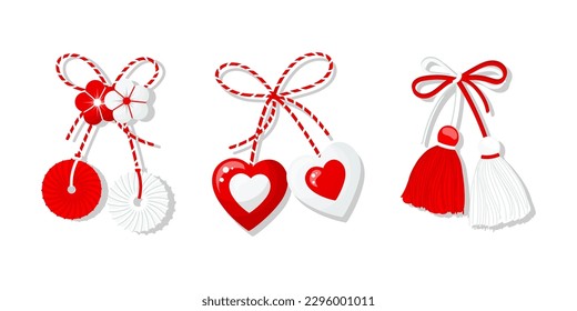 Conjunto martisor, símbolo rojo y blanco de primavera. Fiesta primaveral tradicional en Rumania y Moldavia. Símbolos, talismanes, iconos, vector	
