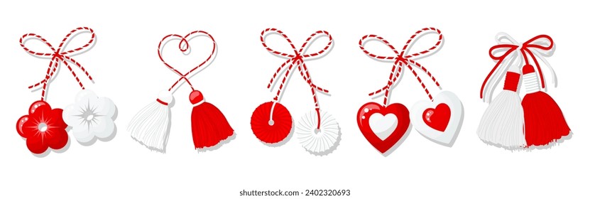 Martisor set, red and white symbol of spring. Traditional spring holiday in Romania and Moldova. Symbols, talismans, icons, vector