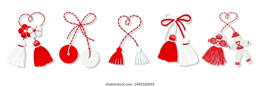 Martisor set, red and white symbol of spring. Traditional spring holiday in Romania and Moldova. Symbols, talismans, icons, vector