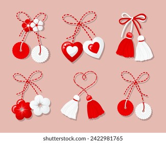 Martisor set, red and white symbol of spring. Traditional spring holiday in Romania and Moldova. Symbols, talismans, icons, vector