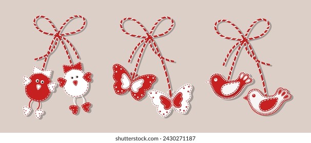 Martisor set, red and white symbol of spring. Traditional spring holiday in Romania and Moldova. Symbols, talismans, icons, vector	