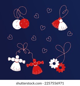 Martisor set of symbols of spring. Romanian and Moldavian March talisman. Red and white sign hanging on strings. Vector illustration isolated on dark blue background