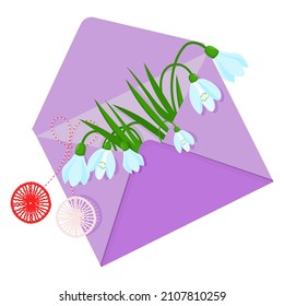 Martisor and snowdrops in an envelope. Baba marta celebration. Premium vector.