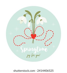 Martisor. Springtime. Traditional holiday red and white accessory Martenitsa with bouquet of snowdrop flowers. Symbol for spring beginning. 1 March. Vector illustration in flat style