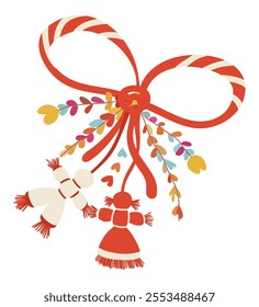 Martisor talisman. Hello spring! Beginning of spring. Baba Marta. Martenitsa symbol. March 1. Spring holiday of Romania, Moldova and Bulgaria. Vector isolated illustration.