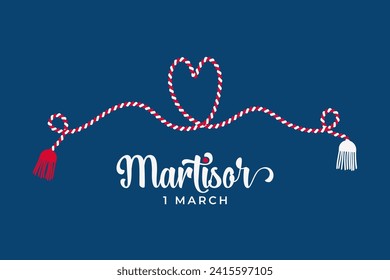 Martisor talisman isolated on blue background. Traditional accessory for holiday of early spring in Romania and Moldova. Red and White spring symbol.