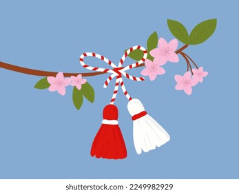 Martisor talisman on a branch. Traditional accessory for holiday of early spring in Romania and Moldova. Red and White spring symbol.