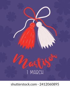 Martisor talisman, traditional red and white accessory Martenitsa. Baba Marta Day. spring holiday. Vector holiday card.