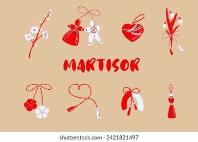 Símbolos de la colección de ilustraciones temáticas Martisor en beige para celebrar el festival de primavera