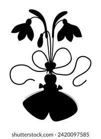 Martisor. Traditional holiday accessory. Silhouette talisman Martenitsa with snowdrop flowers. Symbol spring beginning. 1 March. Black hand drawn drawing . Vector illustration 