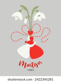 Martisor. Talisman tradicional accesorio de vacaciones Martenitsa con flores de nevada. Símbolo de inicio de primavera. 1 de marzo. Postal de ilustración vectorial en estilo plano.