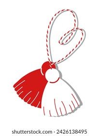Martisor traditional symbol of spring. Romanian and Moldavian March talisman. Red and white accessory hanging on strings. Flat vector illustration isolated on transparent background