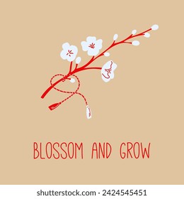 Martisor Twig with White Blossoms and Red Tassels - Symbol of Spring Growth