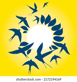 Martlet birds silhouettes. Vector illustration swallows. Birds and flower petals graphic design. Line art Flying swallows. Birds in sky. Wildlife