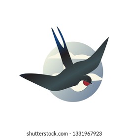 Martlet in flying action with wide open wings. Blue sky with clouds in circle shape. Wild bird. Flat vector icon