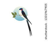 Martlet sitting on tree branch with green leaves, circle sky background behind. Beautiful wild bird. Flat vector icon