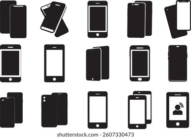 martphone icons, mobile device silhouettes, black and white design