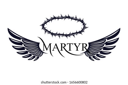 Martyr vector concept logo or sign, Christian religion and faith saint person, martyrdom blackthorn thorn wreath crown, Jesus Christ, suffering pain.