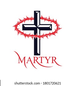 Martyr vector concept logo or sign, Christian religion and faith saint person, martyrdom blackthorn thorn wreath crown, Jesus Christ, suffering pain.