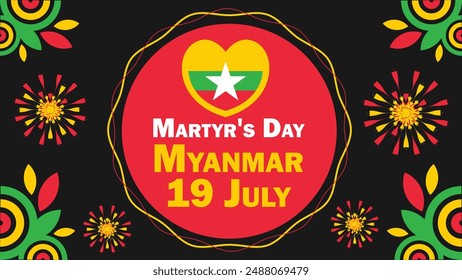 Martyr's Day Myanmar  vector banner design with geometric shapes and vibrant colors on a horizontal background. Happy Martyr's Day Myanmar modern minimal poster.