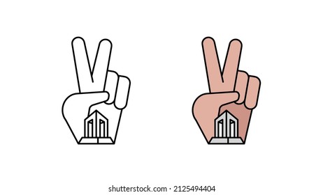 Çanakkale Martyrs' Monument icon set in modern peace hand sign. March 18 day icon. Linear and colorful Çanakkale monument ready template. Download simple linear vector. white background.