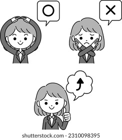 Marubatsu check expression illustration of a woman in a suit with a speech bubble monochrome