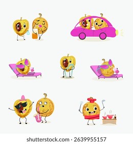 marula fruit cute funny cheerful characters. Vector hand drawn  illistration.