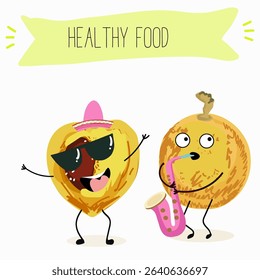 marula fruit cute funny cheerful characters. Vector hand drawn  illistration.