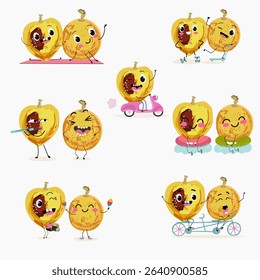 marula fruit cute funny cheerful characters. Vector hand drawn  illistration.