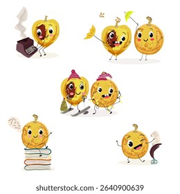 marula fruit cute funny cheerful characters. Vector hand drawn  illistration.
