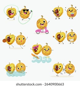marula fruit cute funny cheerful characters. Vector hand drawn  illistration.