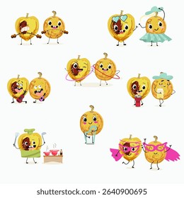 marula fruit cute funny cheerful characters. Vector hand drawn  illistration.