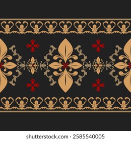 Marvelous Black Romance with Royal Gold Scarlet Florals Ornament Baroque Design. Detailed of Elegance Fabrics Art illustration Hand drawn Classy Border Pattern Gothic Roses Style Embroidery Silk Lace