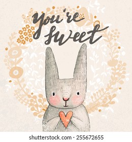 Marvelous card with sweet rabbit holding heart. Awesome background made in watercolor technique. Pastel colored easter concept card with text in vector