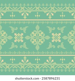 Marvelous Classy Detailed Scroll Ornament on Green Shades Luxury Elegant Western Botanical Florals Design Border Pattern Vector. Elaborate Beautiful Royal Motif Geometric Victorian Style. Fabric Silk