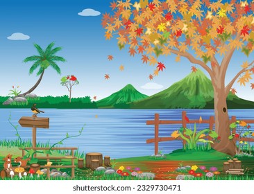 A marvelous landscape with maple tree with  in Autumn nature. vector design