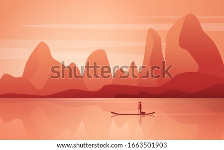 A marvelous landscape with the river and mountains at sunset.